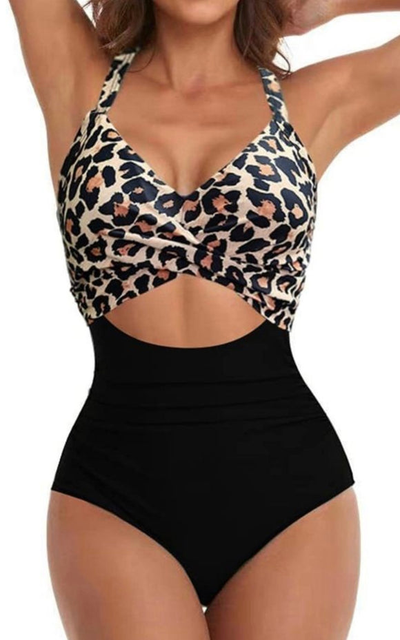 Leopard color block swim suit