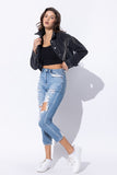 CROP DENIM JACKET WITH RHINESTONE FRINGE